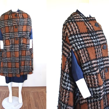 1960s Plaid Wool Cape Coat with Arm Openings and Pockets - Vintage Long Heavyweight Cloak - M/L 