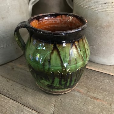 19th C Pottery Jug, Small Pitcher, Green Glazed Terra Cotta, Flower Vase, Rustic European Farmhouse, Farm Table 