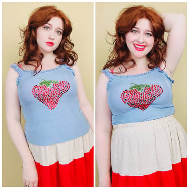 Y2K Poly Knit Stretch Strawberry Tank Top / Vintage Sequin Bead Novelty Fruit Ruffle Tank / One Size 