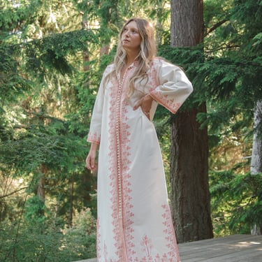 1970s Embroidered Moroccan Caftan Dress | Cream + Pink Paisley Button Down Bohemian Maxi Dress 