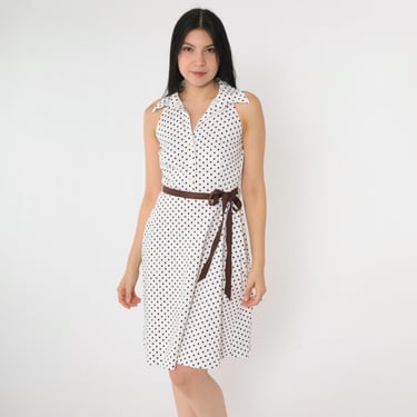 Polka Dot Halter Dress White Button Up Mini Shirtdress Sleeveless Racerback Brown Belt Sleeveless Fit and Flare Retro Style Collared Small 6 