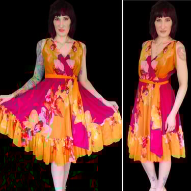 Vintage Y2K Diane Von Furstenberg Pink Orange Floral Silk Chiffon Wrap Dress - size Medium 