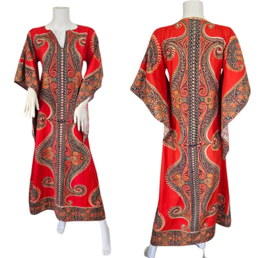 1970s Red Cotton Dashiki Caftan Maxi Dress I Sz Med I Angelwing Sleeves 