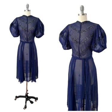 40s Sheer Navy Silk Chiffon & Lace Dress / 1940s Vintage Dress / Medium / Size 8 