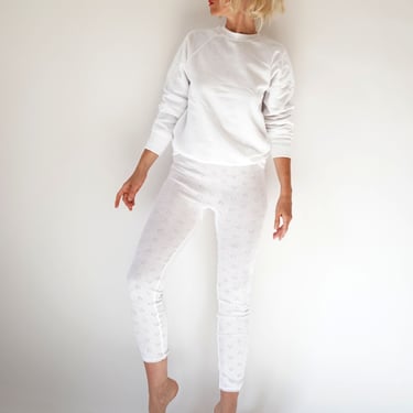 Vintage French White Pointelle Leggings | French White Cotton Rib Knit Leggings | French Pointelle | Medium 