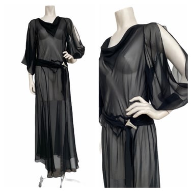 Vintage VTG 1920s 20s Black Sheer Art Deco Full Length Gown Maxi Dress 
