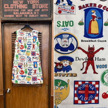 Vintage 1960’s Cartoon Brand Logo Cotton Mod Pop Art Shift Dress, Pop Art, Novelty Print, Mod, Shift Dress, Mod, 1960’s, Brand Logos, Cotton 