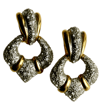 80s Silver & Gold Crystal Pave Door Knocker Earrings