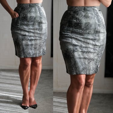 Vintage 80s KASSINI Gray Marble Distressed Leather High Waisted Skirt w/ Pockets | 100% Genuine Leather | 1980s 1990s Designer Leather Skirt 