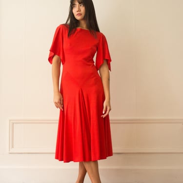 1970s Does 1930s Pure Red Jersey Dress 