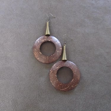 Huge coconut shell and antique bronze mid century modern earrings 