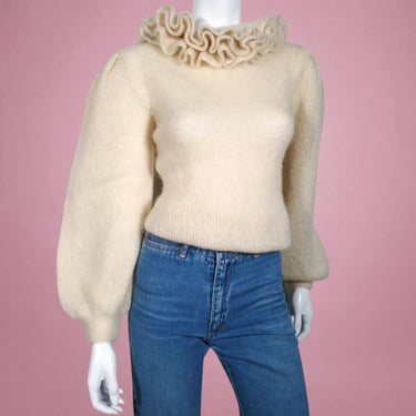 Wow 1970s ruffle sweater handknit vintage wool mohair dainty puff shoulders balloon sleeves avant garde one of a kind renaissance unique (S) 