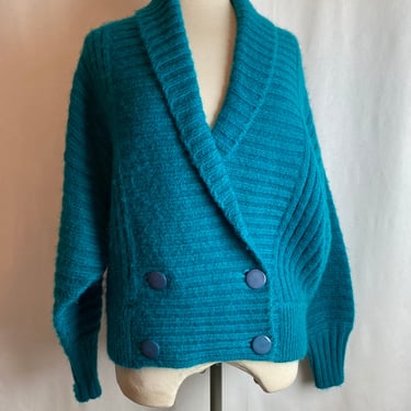 VTG warm wooly Cardigan sweater IB Diffusion label~ ribbed double breasted oversized cropped knit Teal green Aqua marine jewel tone Size M 