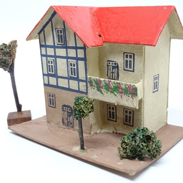 Antique German House & Tree for Christmas Putz or Nativity, Vintage Cardboard Toy, Germany 
