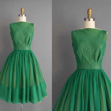 1950s dress | Gorgeous Kelly Green Chiffon Full Skirt Party Dress | Small | 50s vintage dress 