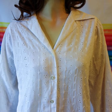 Vintage white eyelet blouse size small with puff sleeve, sweet cotton button up sheer prairie or preppy top by Patty Woodard I. Magnin 