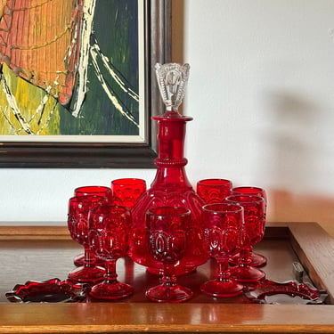 Mid Century LE Smith Glass Company "Moon and Stars" Ruby Red Decanter & Cordial Glasses 