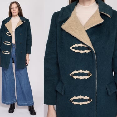 Sm-Med 60s 70s Emerald Green Double Breasted Coat Petite | Vintage Mod Preppy Two Tone Wool Shearling Winter Jacket 