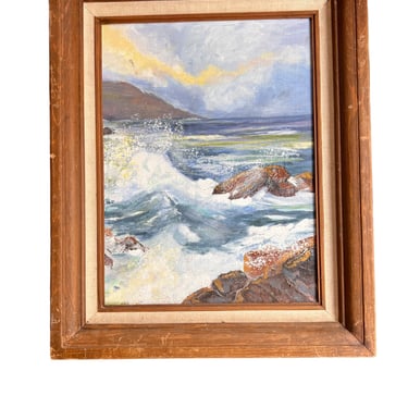 Vintage Painting Rustic Wood Framed Ocean Landscape 