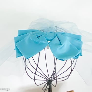 1960s Blue Bow Fascinator | 60s Turquoise Blue Bridesmaid Hat | One Size 