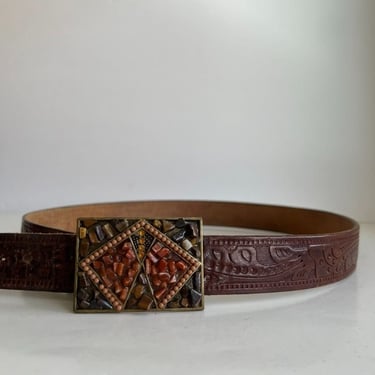 Vintage 90s Brown Tooled Genuine Leather USA Chunky Stone Buckle Belt - L 