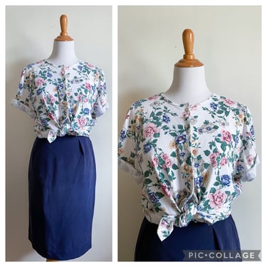 Vintage 90s Floral Knit Button Front Tee Large 
