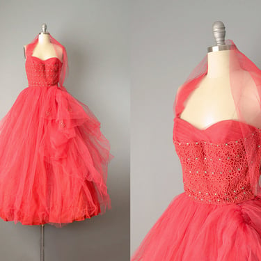 50s Dress // 1950’s Red Tulle and Lace Dress w/ Pineapple Appliqué / Size Small 