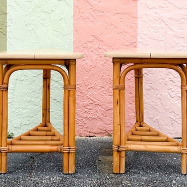 Pair of Old Florida Rattan Triangle Side Tables