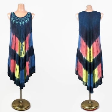 VINTAGE 90s Embroidered Tie Dye Indian Rayon Trapeze Dress | 1990s Butterfly Wing Mini Caftan Full | BOHO Festival Ethnic Tank Sundress vfg 