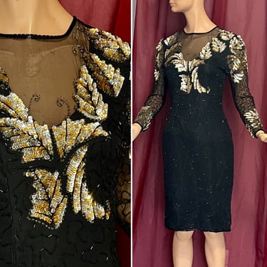 Beaded Sequin Cocktail Dress, Sheer Illusion, Gold Black, Ornate, Scala, Vintage 