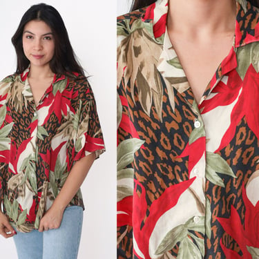 Tropical Leopard Shirt 90s Button Up Floral Leaf Jungle Animal Print Top Short Sleeve Surfer Summer Red Green Brown Vintage 1990s Large 14 