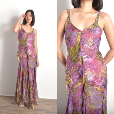 Vintage 2000s Dress / Y2K Diane Freis Floral Silk Dress / Purple Green ( XS S ) 