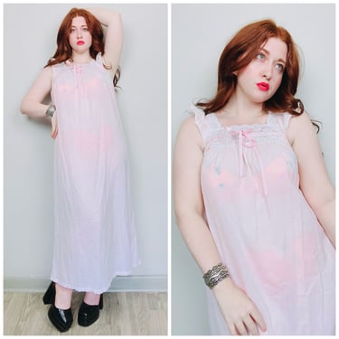 1970s Soft Pastel Pink Cotton Maxi Nightgown / 70s Ribbon Ruffled Semi Sheer Night Dress / Small - Medium 