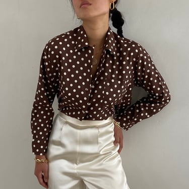 90s polka dot blouse / vintage chocolate brown polkadot silky pocket blouse | Large 