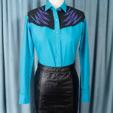 Ely's Country Charmers Embroidered Turquoise / Black Western Snap Shirt 