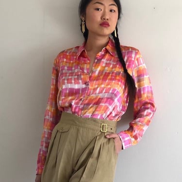 90s silk charmeuse blouse / vintage pink multicolored grid mod print liquid silk oversized blouse | Large 