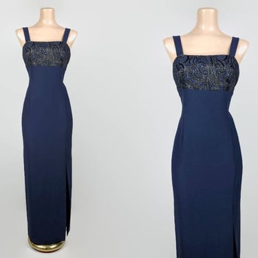 VINTAGE 90s Midnight Blue Brocade Long Cocktail Formal Dress | 1990s Long Gown | 90's Party Prom Dress | Sz 8 VFG 