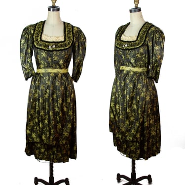 1950s Dirndl Dress ~ Brocade Lace Square Bust Dress with Apron Oktoberfest 