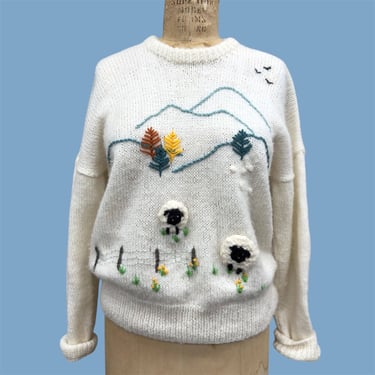 Vintage Pullover Sweater Retro 1980s Hand Knit + Woolrich + Sheep on a Landscape + No Size + Ivory + Acrylic + Wool + Cottagecore Apparel 