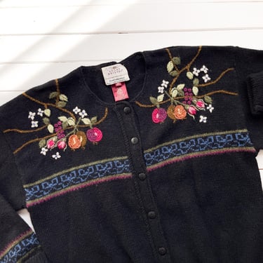 cute cottagecore sweater 80s vintage Susan Bristol black wool embroidered fruit floral cardigan 