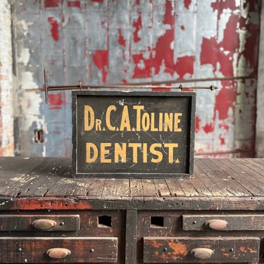 Antique Double-Sided Dr. Toline Dentist Hand-Painted Wood Smaltz Sign 