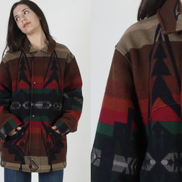 Pendleton Southwestern Print Blanket Coat / Zip Up Western Rancher Jacket / Vintage Farming Chore Overcoat With Pockets 