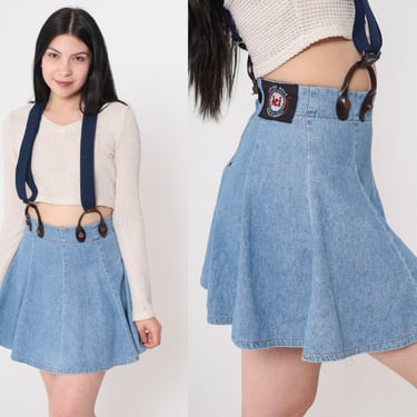 Denim Suspender Skirt Mini Jean Skirt 90s High Waisted Flared A Line Skirt l.e.i. Riding Wear Western Retro Vintage 1990s Blue Small 