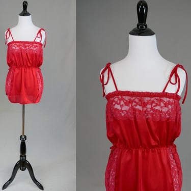 80s Red Lingerie Top - Sheer Lace Trim - Sears - Vintage 1980s - L 