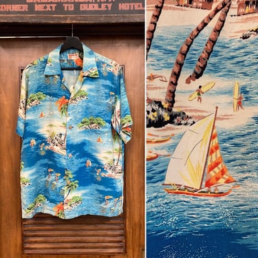 Vintage 1950’s “Polynesian Sportswear” Natives Island Theme Crepe Hawaiian Shirt, 50’s Loop Collar Shirt, Vintage Clothing 