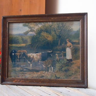 Vintage framed pasture scene / country landscape with cows / vintage wall decor / rustic country scene print / vintage art / farmhouse decor 