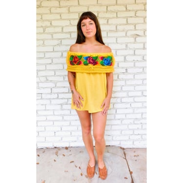 Embroidered Sol Blouse // vintage cotton boho hippie off shoulder Mexican embroidered dress hippy yellow // O/S 