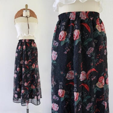 chiffon blossom maxi skirt 29-37 - vintage 90s y2k womens floral long sheer elastic waist cute cottage cottagecore skirt grunge 