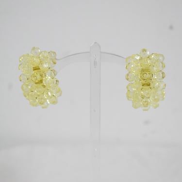 1960s Yellow Green Plastic Bead Cluster Half Hoop Clip Earrings 
