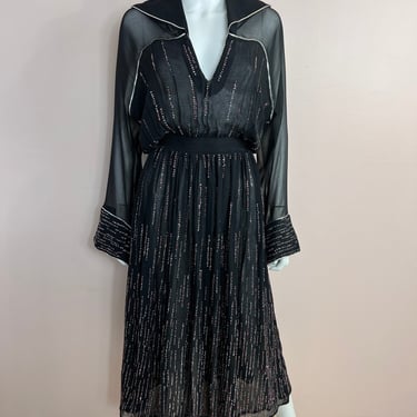 Vtg 1970s Black Silk Chiffon Rainbow Glitter Long Sleeve Evening Dress 
